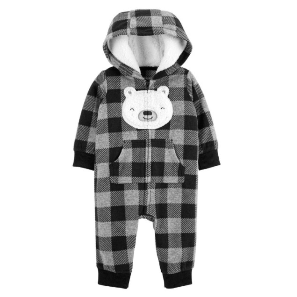 Carter's Jumpsuit Buffalo Plaid Gray Black Hood Bear Zipper Rib Cuffs 24Mo